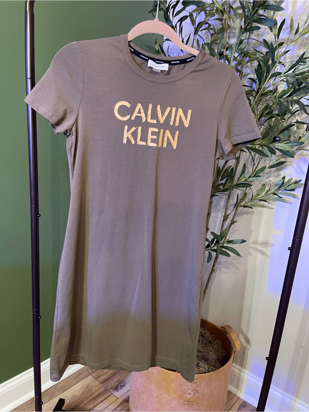 Calvin Klein Olive Green Short-Sleeve Logo Tee Dress with Gold Print